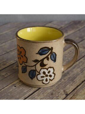 Vintage Stoneware Coffee Mug Otagiri Style Japan Tan Blue Orange Brown Flowers